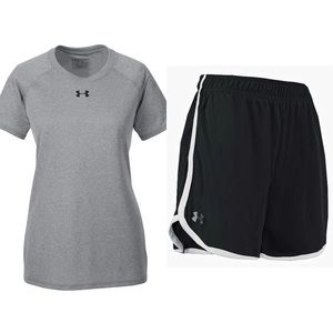 Under Armour Women’s Heatgear Tech Locker Tee Shirt & Shorts Set Outfit Sz S M